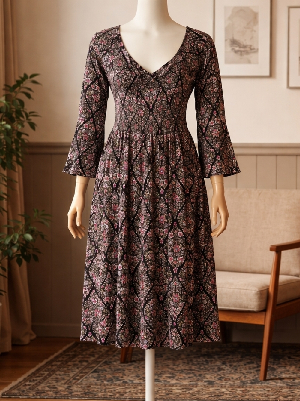 torrid Black Floral V-Neck Midi Dress with Pink Accents